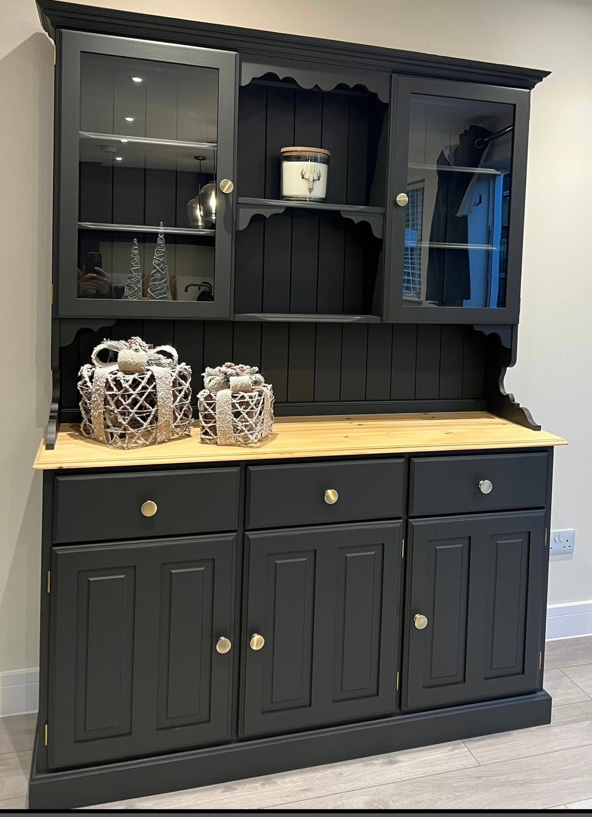 Blackjack Dresser with Glass Doors and Wood Top