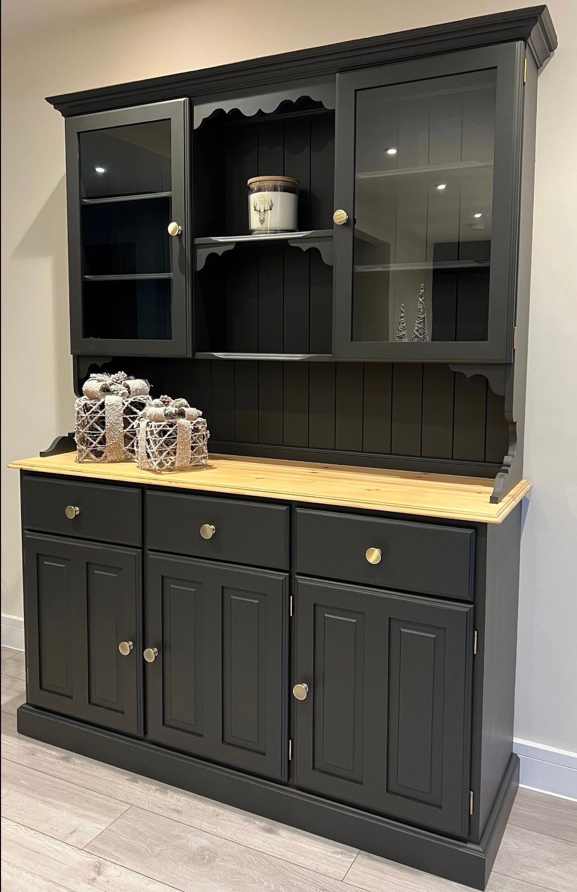 Blackjack Dresser with Glass Doors and Wood Top