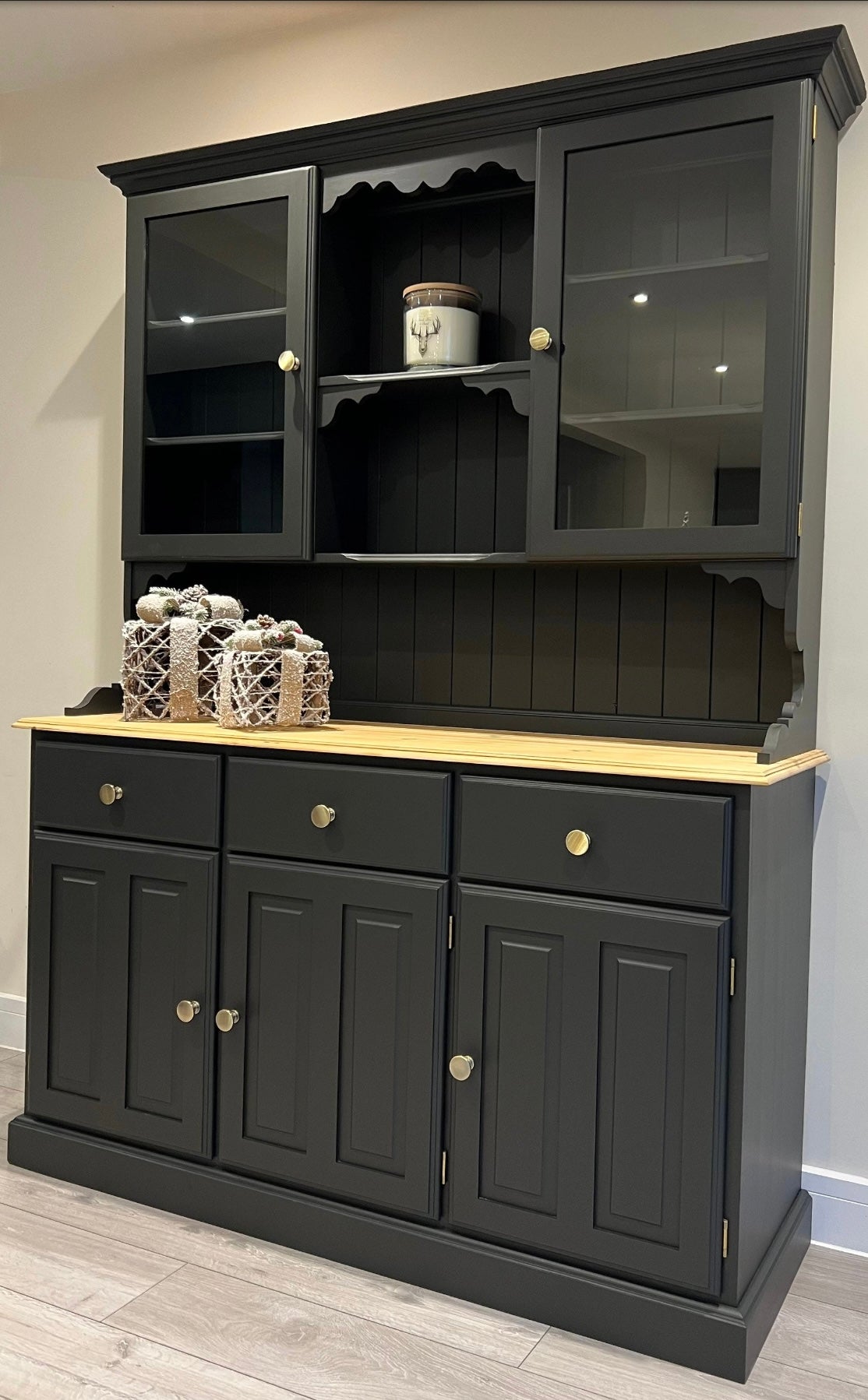Blackjack Dresser with Glass Doors and Wood Top