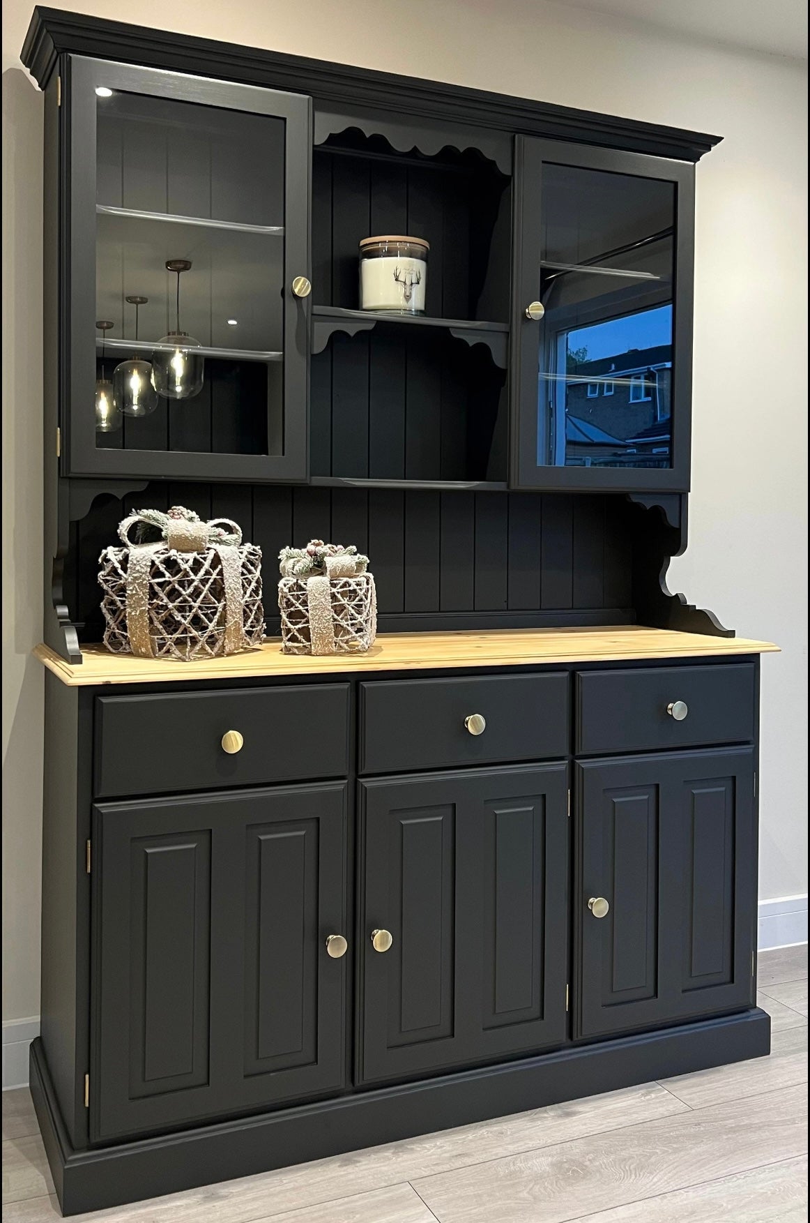 Blackjack Dresser with Glass Doors and Wood Top